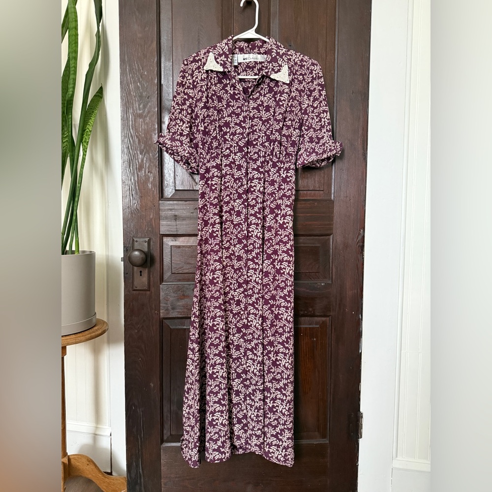 Chaus Burgundy and Cream Floral Long Sleeve Dress